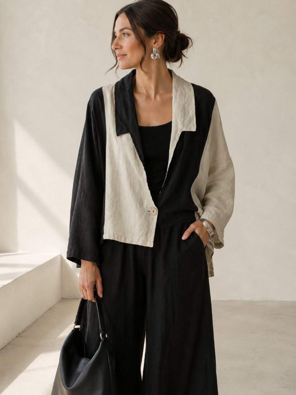 Luukaa Linen Jacket Lagenlook 4/S Black Colorblock Art to Wear Coastal